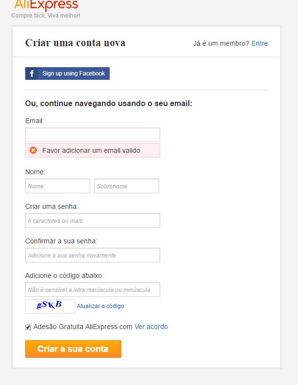 cadastro para comprar no aliexpress